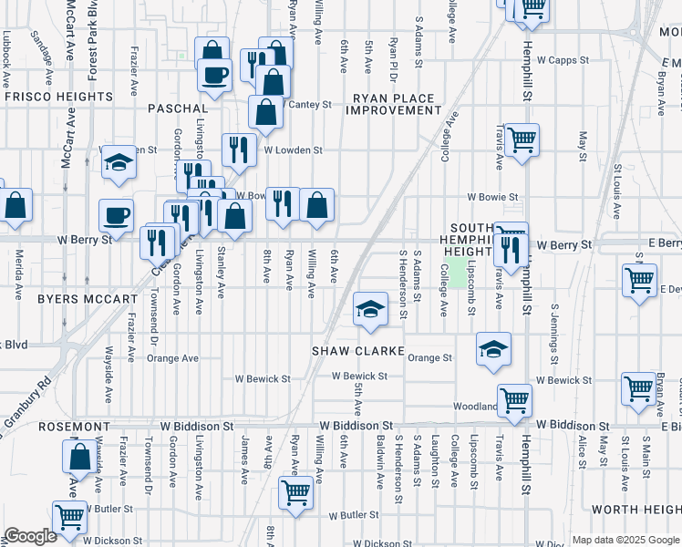 map of restaurants, bars, coffee shops, grocery stores, and more near 3136 6th Avenue in Fort Worth
