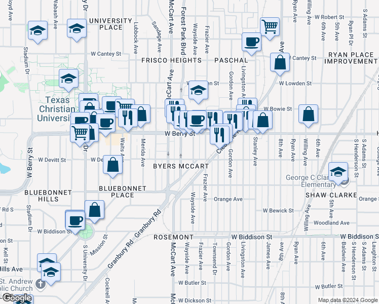 map of restaurants, bars, coffee shops, grocery stores, and more near 3140 Wayside Avenue in Fort Worth
