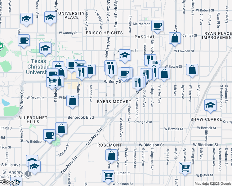 map of restaurants, bars, coffee shops, grocery stores, and more near 3140 Wayside Avenue in Fort Worth