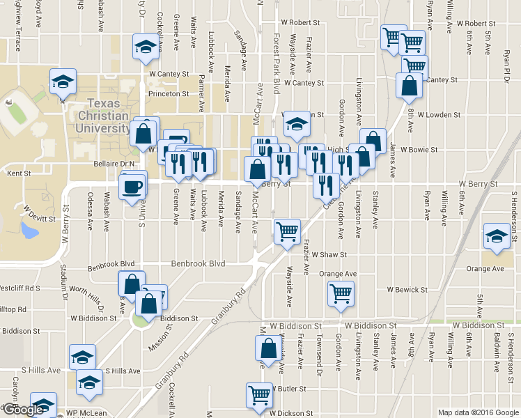 map of restaurants, bars, coffee shops, grocery stores, and more near 3141 McCart Avenue in Fort Worth