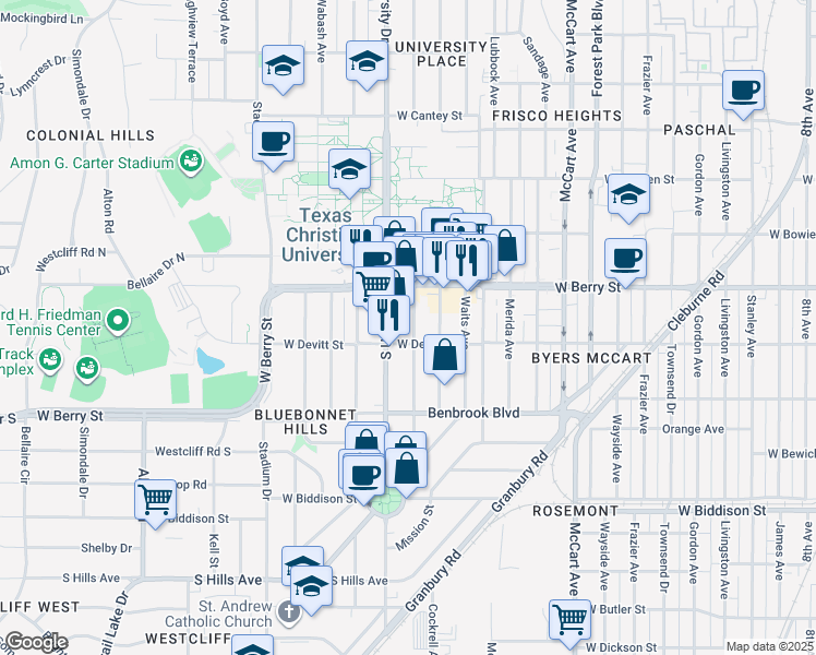 map of restaurants, bars, coffee shops, grocery stores, and more near 3141 Cockrell Avenue in Fort Worth