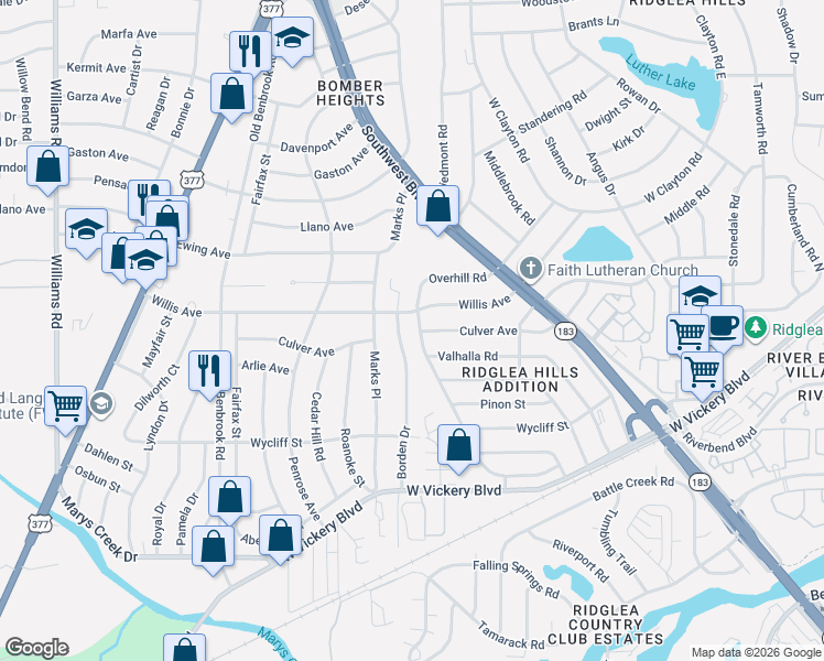 map of restaurants, bars, coffee shops, grocery stores, and more near 7113 Overhill Road in Fort Worth