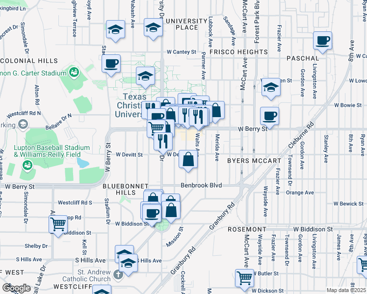 map of restaurants, bars, coffee shops, grocery stores, and more near 3136 Greene Avenue in Fort Worth