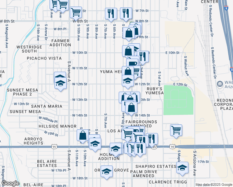 map of restaurants, bars, coffee shops, grocery stores, and more near 1255 South 6th Avenue in Yuma