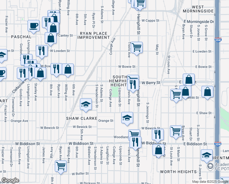 map of restaurants, bars, coffee shops, grocery stores, and more near 900 West Devitt Street in Fort Worth