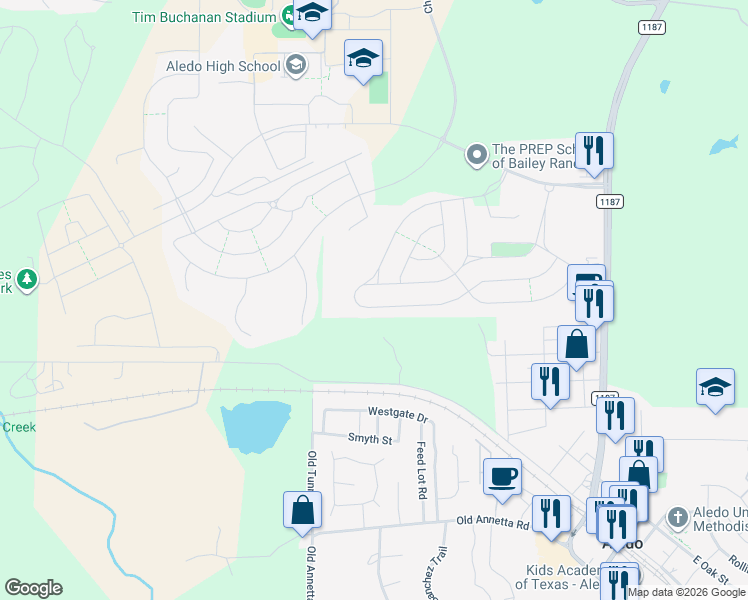 map of restaurants, bars, coffee shops, grocery stores, and more near 727 Rosewood Place in Aledo