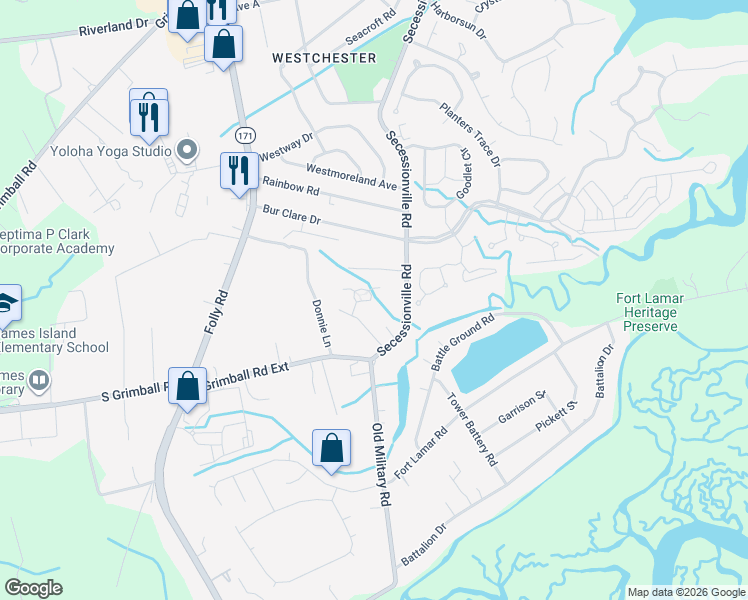 map of restaurants, bars, coffee shops, grocery stores, and more near 1418 Pearl Channel Loop in Charleston