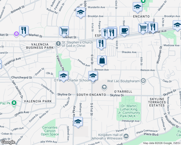 map of restaurants, bars, coffee shops, grocery stores, and more near 160 61st Street in San Diego