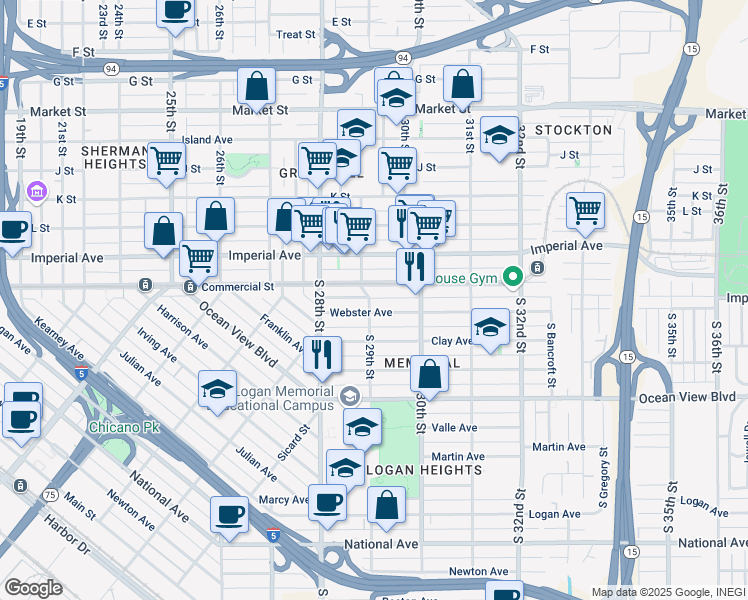map of restaurants, bars, coffee shops, grocery stores, and more near 2886 Webster Avenue in San Diego