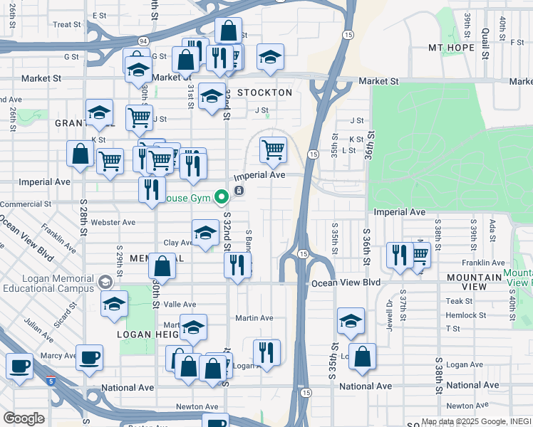 map of restaurants, bars, coffee shops, grocery stores, and more near 2 South 33rd Street in San Diego
