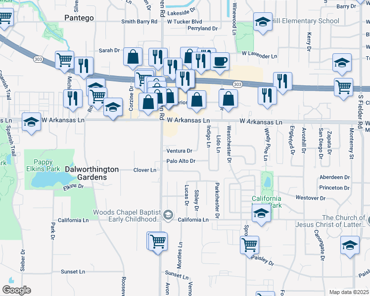 map of restaurants, bars, coffee shops, grocery stores, and more near 2414 Ventura Drive in Arlington