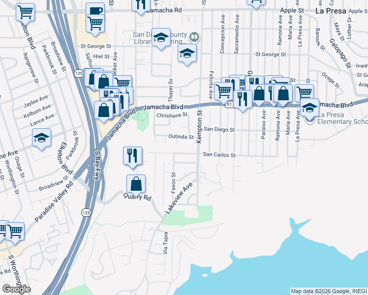 map of restaurants, bars, coffee shops, grocery stores, and more near 9128 Akard Street in Spring Valley