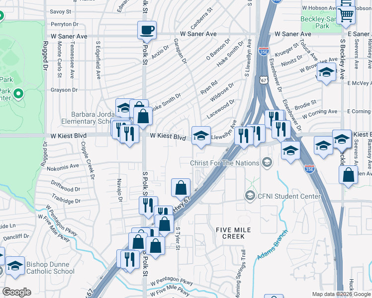 map of restaurants, bars, coffee shops, grocery stores, and more near 3211 South Vernon Avenue in Dallas