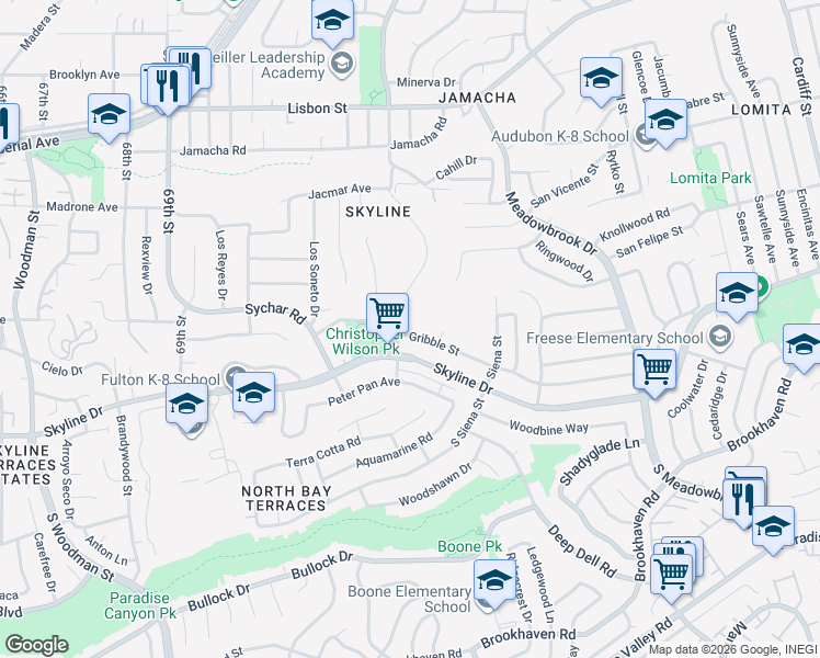 map of restaurants, bars, coffee shops, grocery stores, and more near 7358 Gribble Street in San Diego