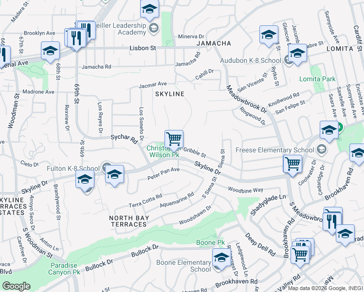 map of restaurants, bars, coffee shops, grocery stores, and more near 116 Lausanne Drive in San Diego