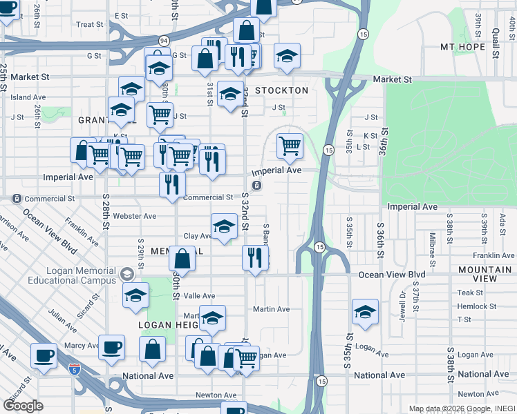 map of restaurants, bars, coffee shops, grocery stores, and more near 3238 Webster Avenue in San Diego