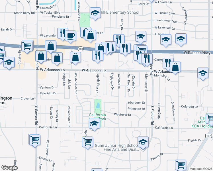 map of restaurants, bars, coffee shops, grocery stores, and more near 2504 Engleford Drive in Arlington
