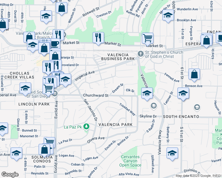 map of restaurants, bars, coffee shops, grocery stores, and more near 5530 Churchward Street in San Diego