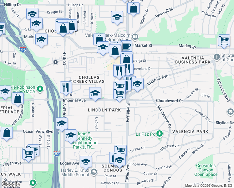 map of restaurants, bars, coffee shops, grocery stores, and more near in San Diego