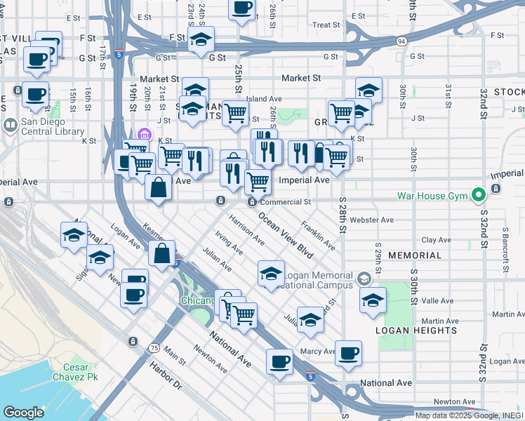 map of restaurants, bars, coffee shops, grocery stores, and more near 1967 Ocean View Boulevard in San Diego