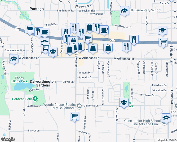map of restaurants, bars, coffee shops, grocery stores, and more near 2414 Ventura Drive in Arlington