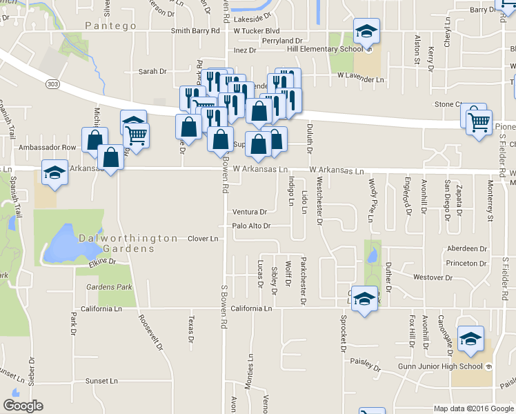 map of restaurants, bars, coffee shops, grocery stores, and more near 2414 Ventura Drive in Arlington