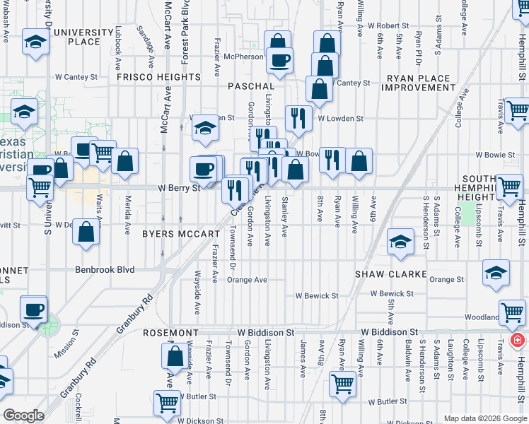 map of restaurants, bars, coffee shops, grocery stores, and more near 3137 Livingston Avenue in Fort Worth