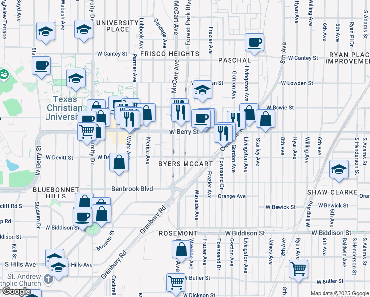 map of restaurants, bars, coffee shops, grocery stores, and more near 3141 McCart Avenue in Fort Worth
