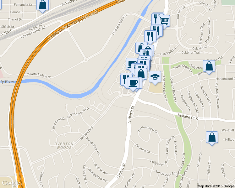 map of restaurants, bars, coffee shops, grocery stores, and more near 1989 Colonial Parkway in Fort Worth