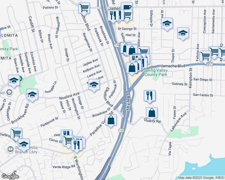 map of restaurants, bars, coffee shops, grocery stores, and more near 532 Parkbrook Street in Spring Valley