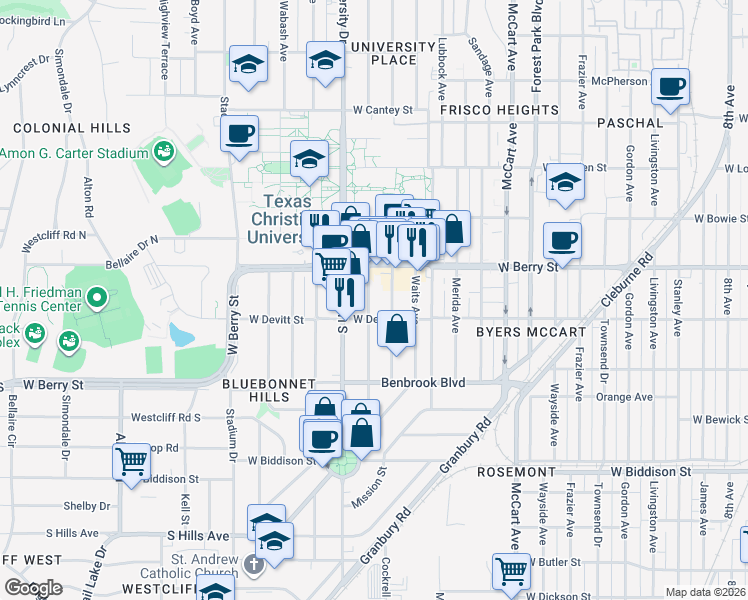 map of restaurants, bars, coffee shops, grocery stores, and more near 3141 Cockrell Avenue in Fort Worth