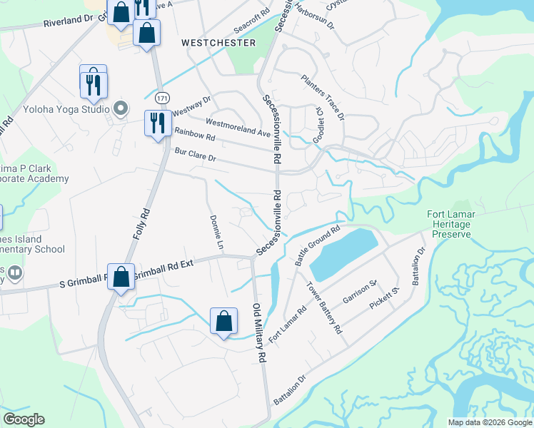 map of restaurants, bars, coffee shops, grocery stores, and more near 1609 Secessionville Road in Charleston