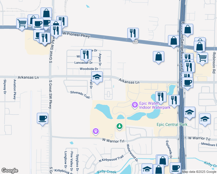 map of restaurants, bars, coffee shops, grocery stores, and more near 2255 Arkansas Lane in Grand Prairie