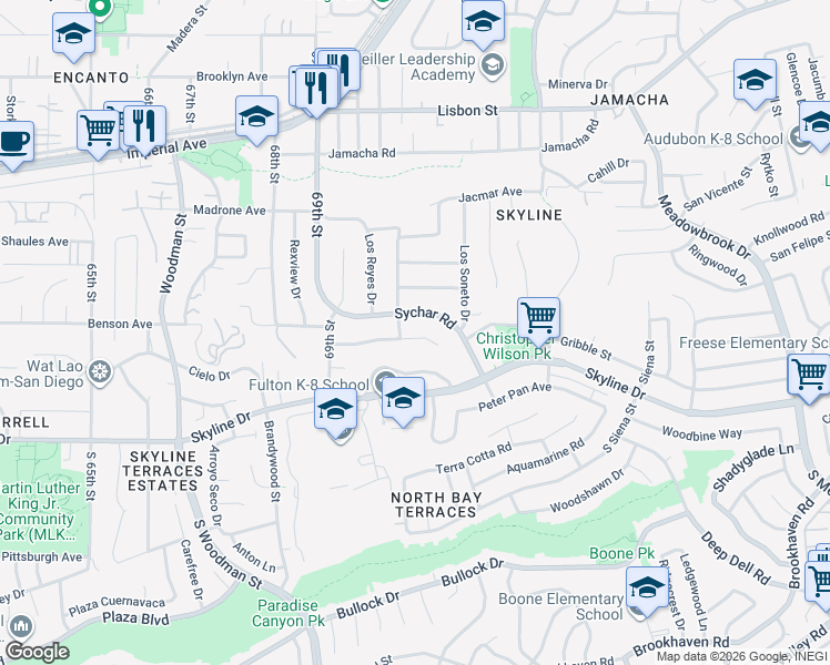 map of restaurants, bars, coffee shops, grocery stores, and more near 7036 Benson Avenue in San Diego