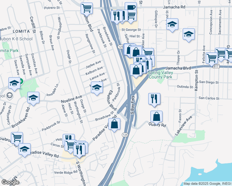map of restaurants, bars, coffee shops, grocery stores, and more near 532 Parkbrook Street in Spring Valley