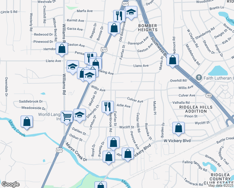 map of restaurants, bars, coffee shops, grocery stores, and more near 4709 Fairfax Street in Fort Worth