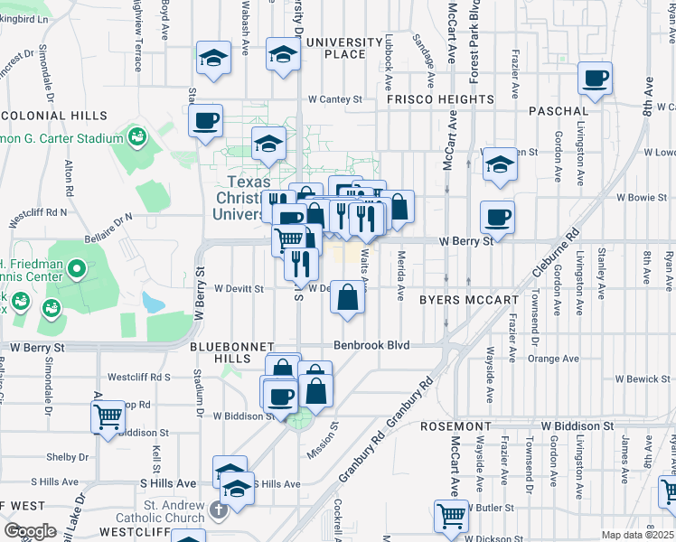 map of restaurants, bars, coffee shops, grocery stores, and more near 3132 Greene Avenue in Fort Worth