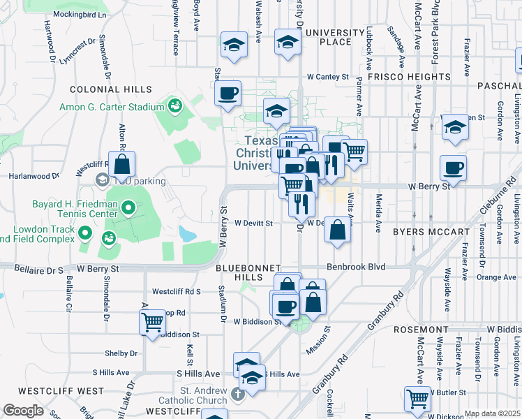 map of restaurants, bars, coffee shops, grocery stores, and more near 3132 Wabash Avenue in Fort Worth