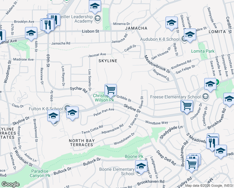 map of restaurants, bars, coffee shops, grocery stores, and more near 7358 Gribble Street in San Diego
