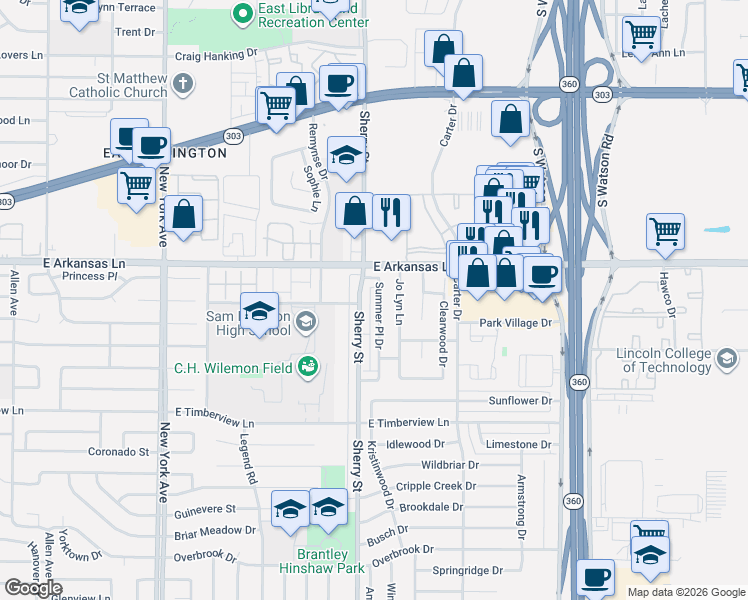 map of restaurants, bars, coffee shops, grocery stores, and more near 2403 Summer Place Drive in Arlington