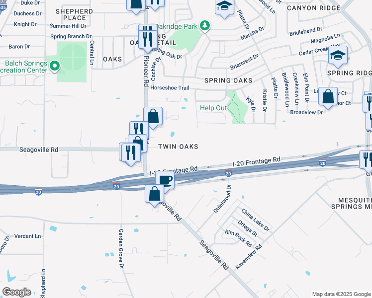 map of restaurants, bars, coffee shops, grocery stores, and more near 13206 Twin Oaks Drive in Balch Springs
