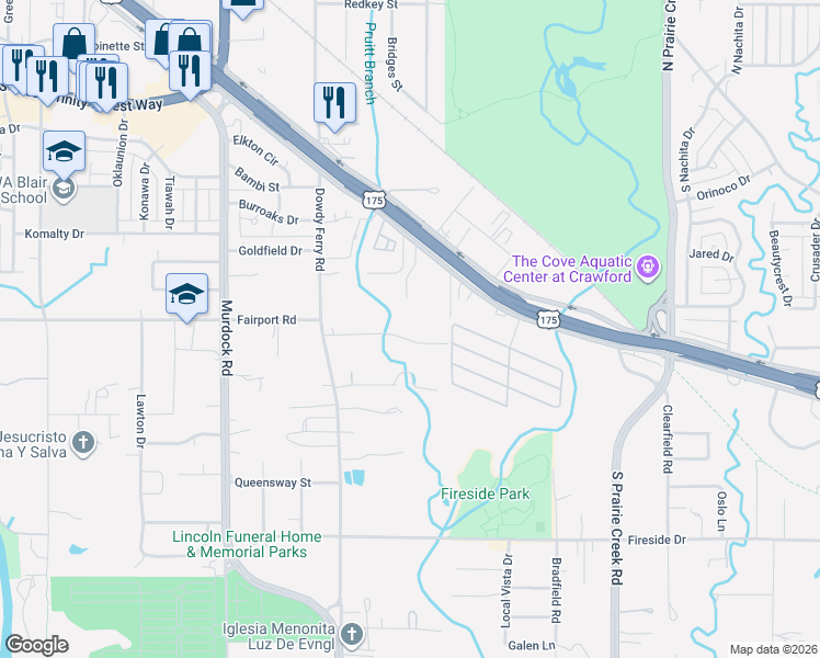 map of restaurants, bars, coffee shops, grocery stores, and more near 8433 Kingsfield Road in Dallas