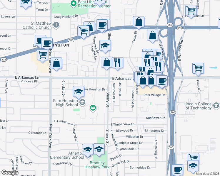 map of restaurants, bars, coffee shops, grocery stores, and more near 2403 Summer Place Drive in Arlington