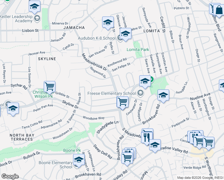 map of restaurants, bars, coffee shops, grocery stores, and more near 7895 Hunthaven Road in San Diego
