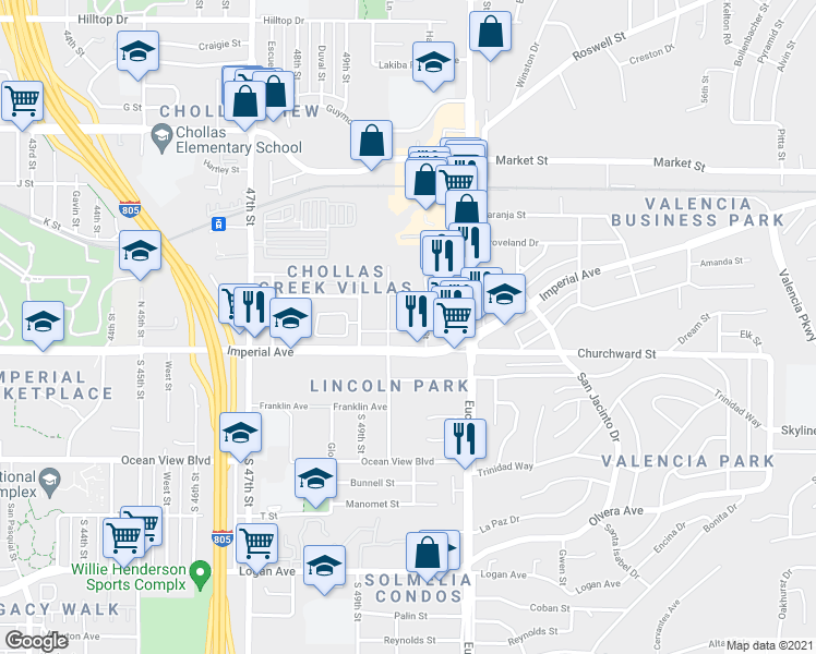 map of restaurants, bars, coffee shops, grocery stores, and more near in San Diego