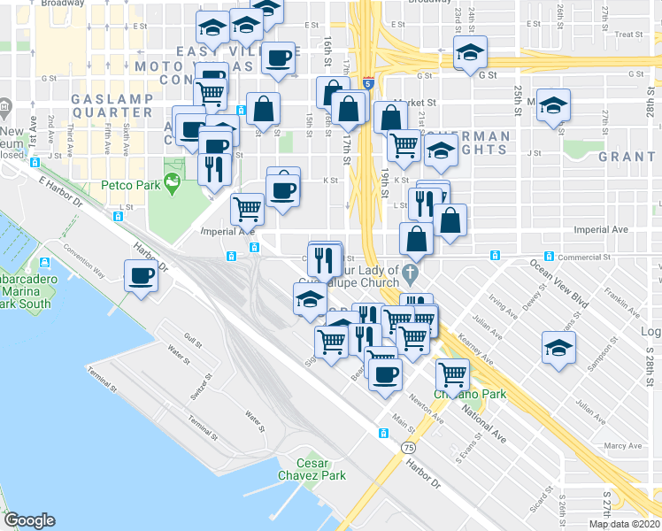 map of restaurants, bars, coffee shops, grocery stores, and more near 1536 National Avenue in San Diego