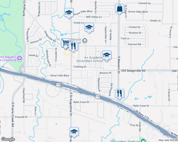 map of restaurants, bars, coffee shops, grocery stores, and more near 503 Delphinium Drive in Dallas