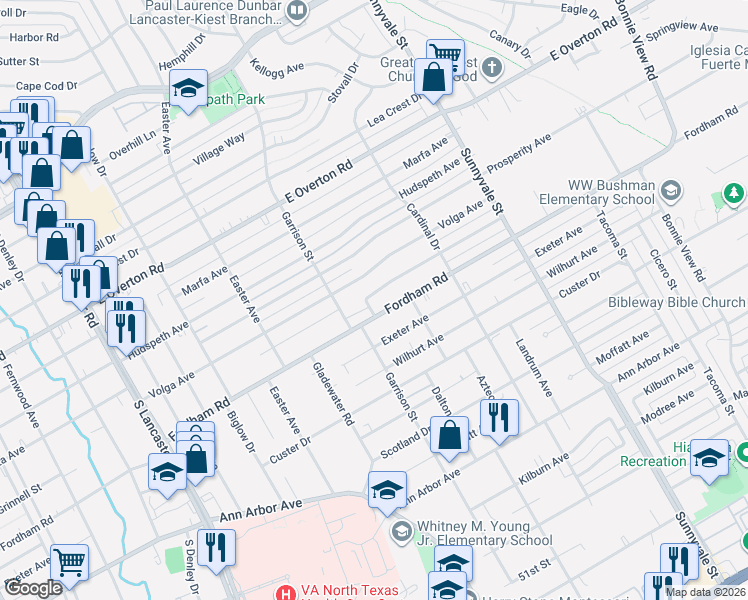 map of restaurants, bars, coffee shops, grocery stores, and more near 2323 Fordham Road in Dallas