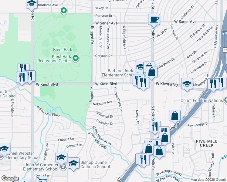 map of restaurants, bars, coffee shops, grocery stores, and more near 1605 Watervaliet Drive in Dallas