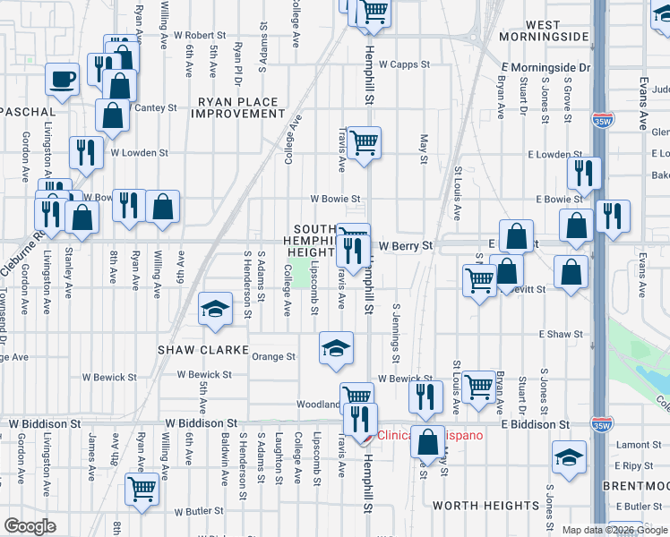 map of restaurants, bars, coffee shops, grocery stores, and more near 3140 Travis Avenue in Fort Worth